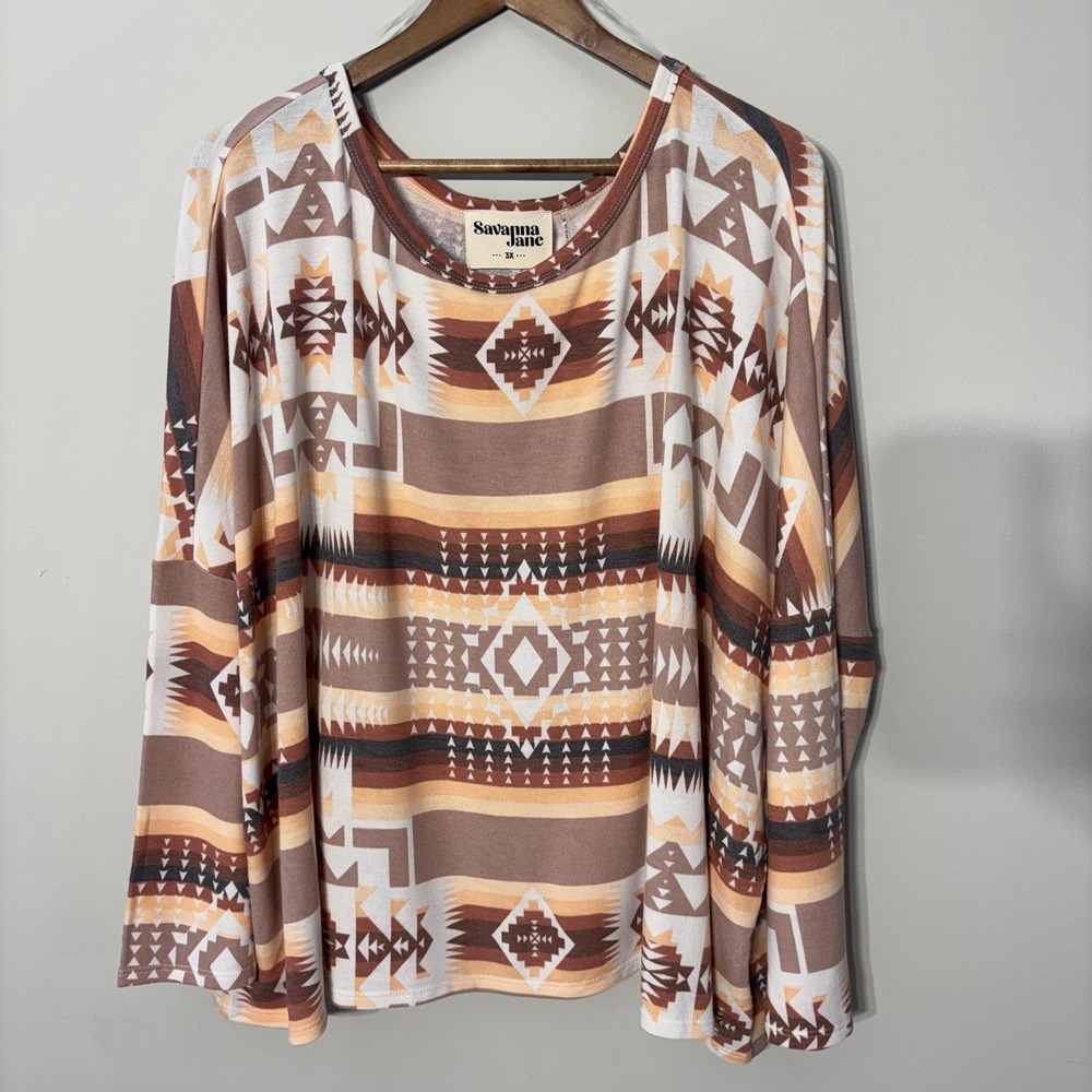 Savanna Jane Top Womens 3X Multicolor Aztec Oversized Dolman Long Sleeve Relaxed